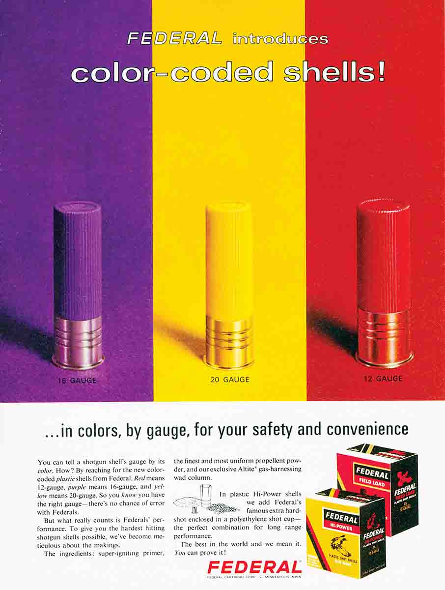 Federal was the first company to color-code its shotshells – a move in the 1960s that has since been adopted industrywide.  It coincided with the first production of plastic hulls.